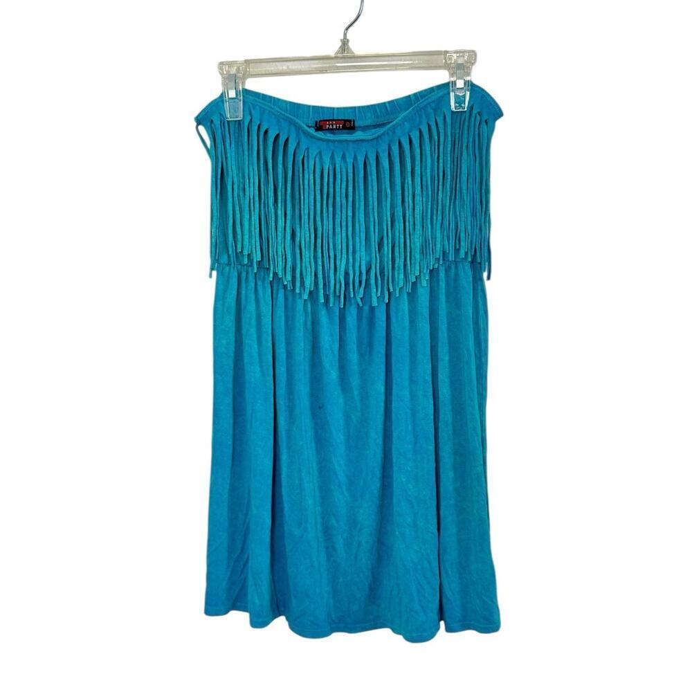 VTG T PARTY 90s Y2K Indie Turquoise Fringe Mini Strapless Dress Boho Festival L - Picture 2 of 11